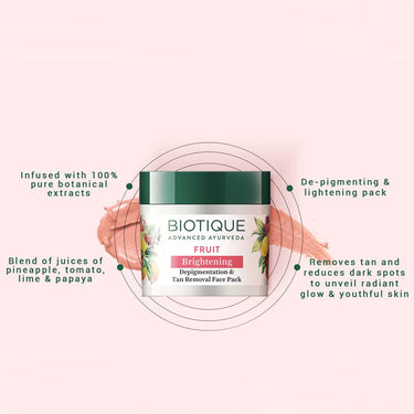 Biotique Fruit Brightening Depigmentation and Tan Removal Face Pack| Ayurvedic and Organically Pure| Tan Removal Face Pack for All Skin Types|100% Botanical Extracts| 75gm